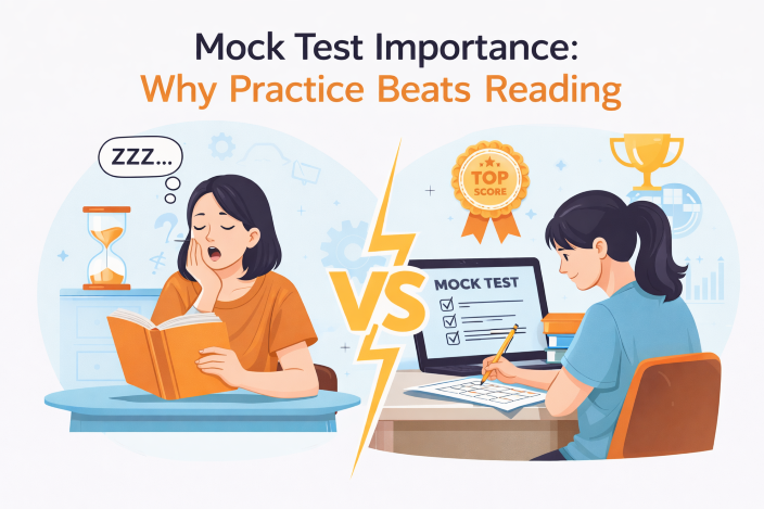 A high-quality comparative illustration for a NEET and CUET revision blog titled 'Mock Test Importance: Why Practice Beats Reading'. On the left, a student looks exhausted and bored while passively reading a thick textbook with a 'ZZZ' thought bubble. On the right, a motivated student is actively solving a mock test on a laptop and marking an OMR sheet, leading to a 'Top Score' badge. The image visually highlights active recall vs passive learning for Indian entrance exams.