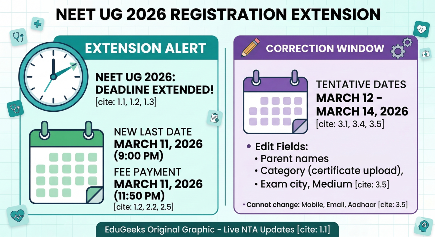 NEET UG 2026 registration extension and revised important dates infographic.