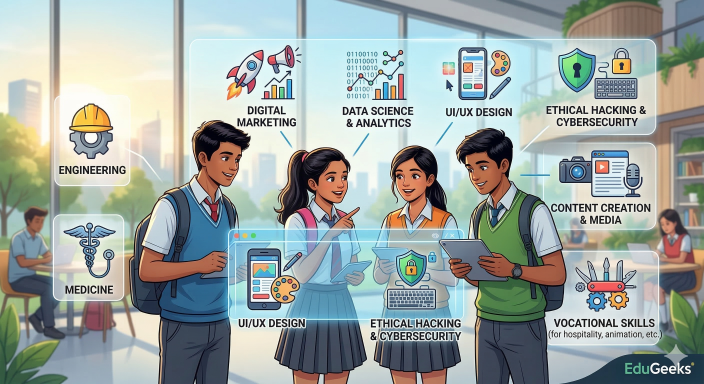 A dynamic infographic illustration from EduGeeks. Four Indian teenagers in a modern campus interact with a glowing, branching 'Skill Map' showing modern careers. Vibrant icons for Digital Marketing, Data Science, UI/UX Design, and Cybersecurity branch away from traditional, faded Engineering and Medicine symbols, visualizing the blog title 'Beyond Doctor and Engineer' for Indian students.