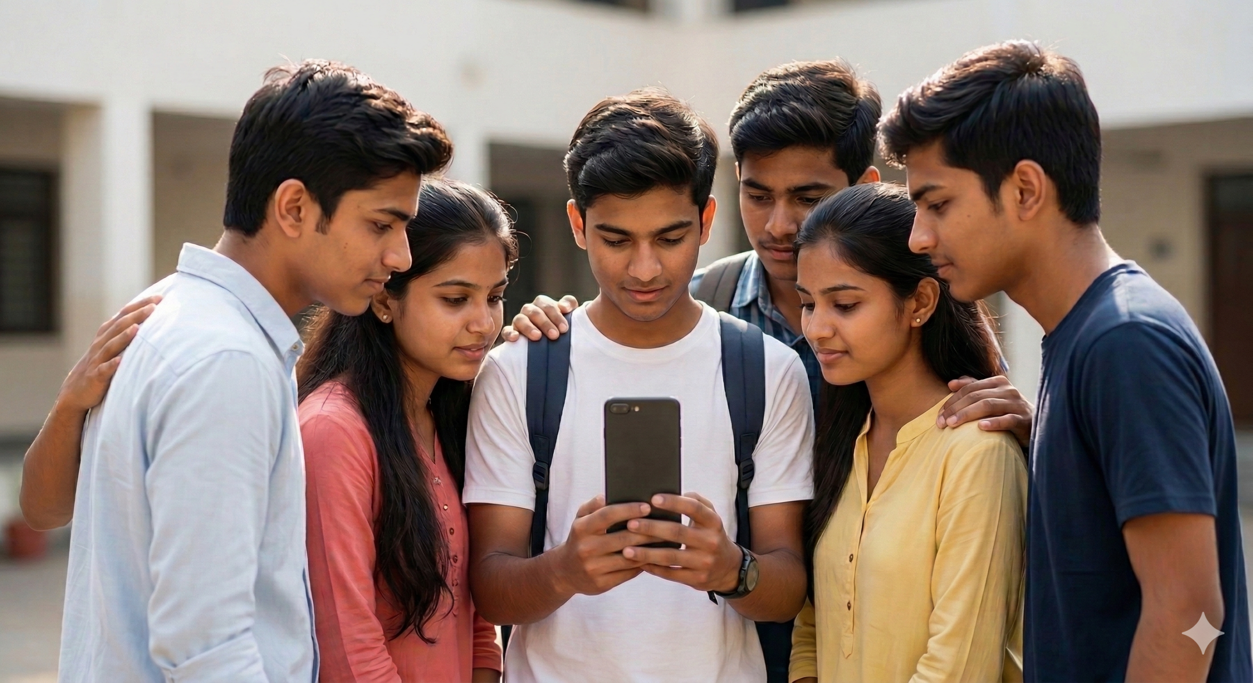 Students huddled around a phone checking CBSE Class 10 Result 2026