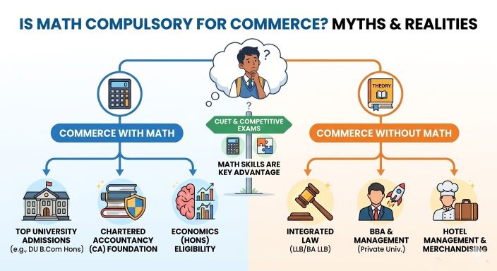 A comparative infographic from EduGeeks with blue and orange diverging paths. The left side (Commerce with Math) lists 'B.Com (Hons) at Top Universities' and 'CA.' The right side (Commerce without Math) lists 'BBA,' 'Law,' and 'Design.' The overall title is 'IS MATH COMPULSORY FOR COMMERCE?', suitable for 10th-grade Indian students choosing their stream.