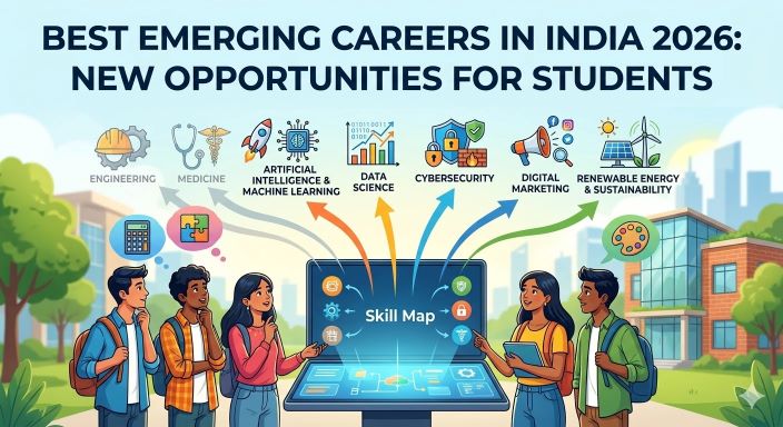 A professional, unbranded infographic. A group of four Indian teenagers in a modern campus interact with a glowing, branching 'Skill Map' showing five emerging careers in India. Vibrant icons for AI & Machine Learning, Data Science, Cybersecurity, Digital Marketing, and Renewable Energy branch away from faded Engineering and Medicine symbols, visualizing the blog title 'BEST EMERGING CAREERS IN INDIA 2026: NEW OPPORTUNITIES FOR STUDENTS' for Indian students.