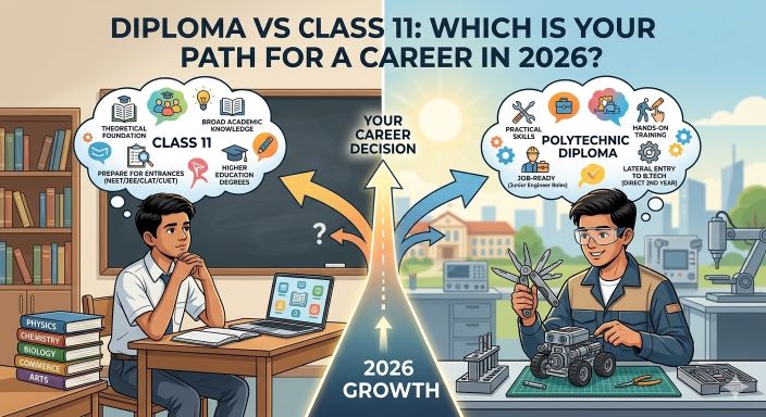 A dynamic infographic illustration with a single student at a crossroads. The left branch (Class 11) is illustrated with academic classroom elements and lists 'B.Com (Hons)' and 'CA' career icons. The right branch (Polytechnic Diploma) is illustrated with technical workshop and lab elements and lists 'BBA,' 'Law,' and 'Hotel Management' career icons. The central question is 'DIPLOMA VS CLASS 11?', suitable for 10th-grade Indian students choosing their career path.