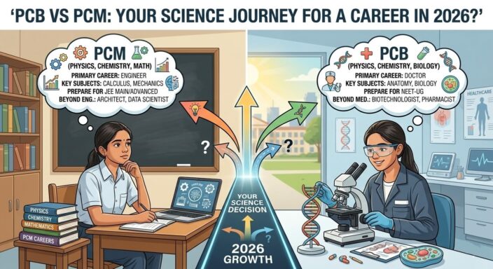 A professional, unbranded comparative infographic. A single student at a crossroads with two diverging paths. The left branch (PCM) shows dynamic engineering and tech elements. The right branch (PCB) shows medical and life science elements. The central question is 'PCM or PCB?', suitable for 10th-grade Indian students choosing their stream.
