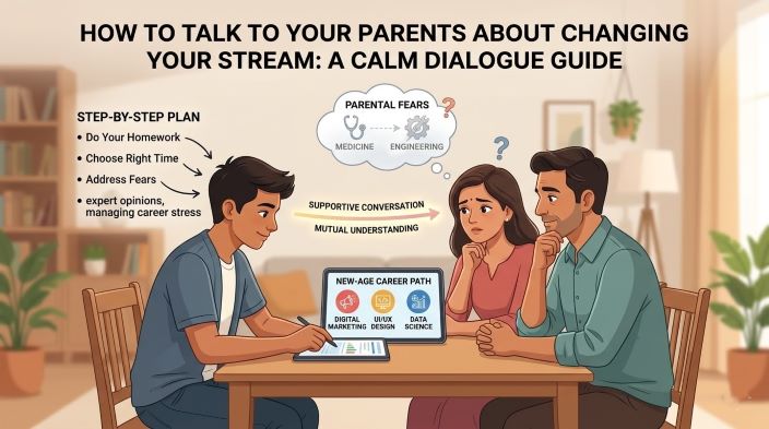 A dynamic graphic from a Pune career counseling blog titled 'HOW TO TALK TO YOUR PARENTS ABOUT CHANGING YOUR STREAM.' An Indian high school student calmly presents a digital 'Plan B' roadmap (marked Digital Marketing, Data Science, and UI/UX Design) to his listening mother and father. The graphic illustrates his 'STEP-BY-STEP PLAN' (Do Your Homework, Choose Right Time, Address Fears, expert opinions, managing career stress) leading to a glowing path of 'SUPPORTIVE CONVERSATION' and 'MUTUAL UNDERSTANDING.' A thought bubble shows faded traditional careers (Medicine, Engineering) with question marks, suitable for Indian students. The illustration style is clean and professional with friendly character designs.
