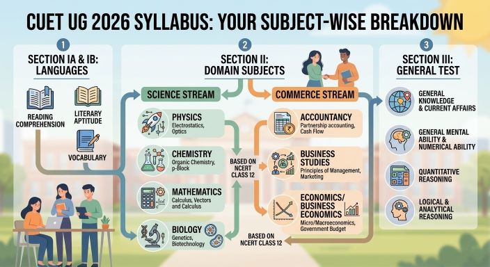 A professional, unbranded comparative infographic. A horizontal layout dynamically illustrating the three parts of the CUET exam (Language + Domain + General Test) without any specific town skyline. The dynamic illustration visually connects the three parts with core academic disciplines, providing an unbranded visual answer to the blog title 'CUET UG 2026 SYLLABUS: SUBJECT-WISE BREAKDOWN'. Suitable for Indian high school students choosing their exam focus.
