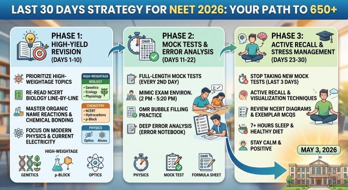 A professional, unbranded revision roadmap infographic from a Pune career counseling blog, titled 'LAST 30 DAYS STRATEGY FOR NEET 2026: YOUR PATH TO 650+'. The clean, motivational graphic is structured into a central timeline, split into three distinct, vertical columns representing the three revision phases (High-Yield Revision, Mock Tests & Error Analysis, Active Recall & Stress Management) leading to a glowing final destination labeled 'MAY 3, 2026' without any specific city skyline. Dynamic icons for Physics, Chemistry, Biology, NCERT, and Mock Tests are integrated throughout, providing an unbranded visual answer to the blog title suitable for Indian high school students choosing their exam focus.