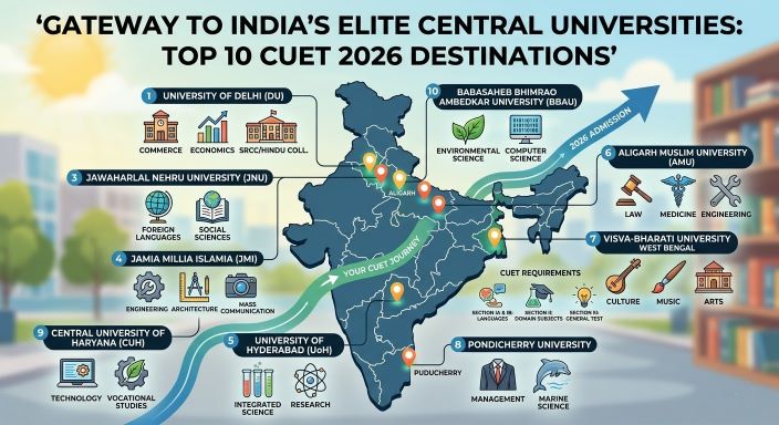 A professional, unbranded revision roadmap infographic from a Pune career counseling blog, titled 'GATEWAY TO INDIA'S ELITE CENTRAL UNIVERSITIES: TOP 10 CUET 2026 DESTINATIONS'. The clean, motivational graphic is structured into a central timeline, split into three distinct, vertical columns representing the three revision phases (High-Yield Revision, Mock Tests & Error Analysis, Active Recall & Stress Management) leading to a glowing final destination labeled 'MAY 3, 2026' without any specific city skyline. Dynamic icons for Physics, Chemistry, Biology, NCERT, and Mock Tests are integrated throughout, providing an unbranded visual answer to the blog title suitable for Indian high school students choosing their exam focus.
