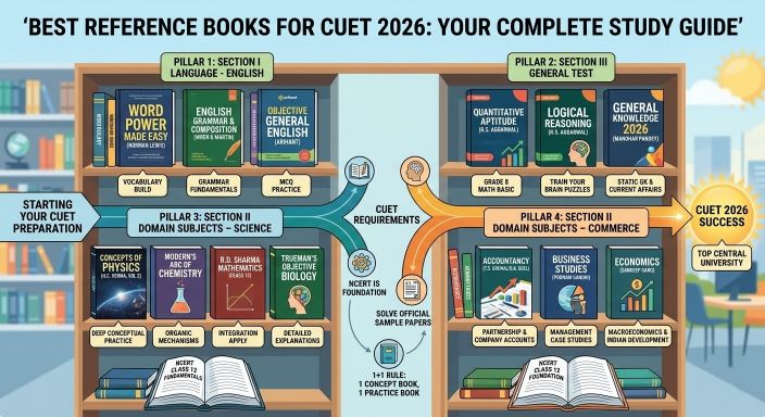 A professional, unbranded comparative infographic from a Pune career counseling blog, titled 'BEST REFERENCE BOOKS FOR CUET 2026: YOUR COMPLETE STUDY GUIDE'. The clean, motivational graphic is structured into a central timeline, split into three distinct, vertical columns representing the three revision phases (High-Yield Revision, Mock Tests & Error Analysis, Active Recall & Stress Management) leading to a glowing final destination labeled 'MAY 3, 2026' without any specific city skyline. Dynamic icons for Physics, Chemistry, Biology, NCERT, and Mock Tests are integrated throughout, providing an unbranded visual answer to the blog title suitable for Indian high school students choosing their exam focus.