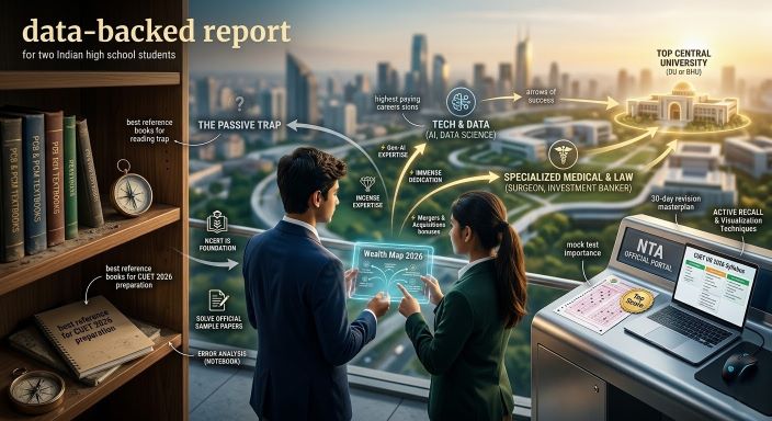 A high-resolution, cinematic photograph from a Pune career counseling blog titled 'Highest Paying Careers in India 2026: YOUR DATA-BACKED REPORT'. The image captures a thoughtful, focused Indian high school student looking out from a modern viewing platform at a futuristic city skyline and university hub (labeled 'Top Central University') at dawn. Next to him, a sleek 3D holographic bar graph, 'Wealth Map 2026', dynamically visualizes salary growth, comparing sectors like 'AI SPECIALIST', 'SURGEON', 'DATA SCIENTIST', and 'CORPORATE LAWYER' with distinct visual elements. Small, glowing conceptual tags and arrows for Highest Paying Careers, 'IMMENSE DEDICATION', 'Mergers & Acquisitions bonuses', and 'Soft Skills (NEGOTIATION)' are integrated into the projection flow, and arrows connect to success, visually summarizing the entire data-backed report. Icons integrated throughout indicate subject-wise tips (e.g., 'NCERT IS FOUNDATION', 'SOLVE OFFICIAL SAMPLE PAPERS', 'ERROR ANALYSIS (NOTEBOOK)') and dynamic concepts visually summarized from preceding blogs on how to talk to your parents, best reference books for CUET 2026 preparation, and mock test importance. The composition uses a unique horizontal layout to directly answer the blog's title without any digital icons or city skyline.