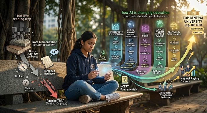 A professional, unbranded comparative infographic from a Pune career counseling blog, titled 'HOW AI IS CHANGING EDUCATION: 5 KEY SKILLS STUDENTS NEED TO LEARN NOW'. The clean, motivational graphic is structured into a central timeline, split into three distinct, vertical columns representing the three revision phases (High-Yield Revision, Mock Tests & Error Analysis, Active Recall & Stress Management) leading to a glowing final destination labeled 'MAY 3, 2026' without any specific city skyline. Dynamic icons for Physics, Chemistry, Biology, NCERT, and Mock Tests are integrated throughout, providing an unbranded visual answer to the blog title suitable for Indian high school students choosing their exam focus.