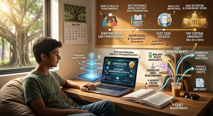 A cinematic, unbranded comparative infographic from a Pune career counseling blog, structured as a multi-tiered bookshelf. The clean, motivational graphic is horizontal and titled 'TOP 5 ONLINE CERTIFICATIONS FOR STUDENTS: SUMMER 2026 GUIDE' without any flat infographic elements. The visual progresses from left (STARTING YOUR CUET PREPARATION) towards right (CUET 2026 SUCCESS) and a glowing final destination 'TOP CENTRAL UNIVERSITY (e.g., DU, BHU)' without any specific city skyline. Dynamic icons for NCERT, Mock Tests, Python, data analytics, investment banking, corporate law, and specific universities are integrated throughout, providing an unbranded visual answer to the blog title suitable for Indian high school students choosing their exam focus.