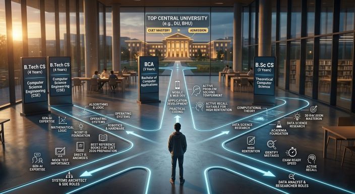 A futuristic, high-quality cinematic photograph from a Pune career counseling blog, titled 'Which Degree is Better for a Career in Software? B.Tech vs BCA vs B.Sc CS 2026 Guide'. An Indian teenage student stands at a large concrete crossroad in a modern, quiet university library. Three distinct, gently glowing paths, labeled in bold white text 'B.Tech CS (4 Years)', 'BCA (3 Years)', and 'B.Sc CS (3 Years)', diverge from his feet towards a distant, sun-drenched tech university campus hub without any specific city skyline. Subtly integrated holographic projections and dynamic icons along each path highlight unique academic focus areas (e.g., ALGORITHMS & LOGIC, MOBILE & WEB DEV, COMPUTATIONAL THEORY) and destination software career roles (e.g., SYSTEMS ARCHITECT & SDE ROLES, APP DEVELOPER & WEB DESIGNER ROLES, DATA ANALYST & RESEARCHER ROLES). Icons from preceding blogs on how to talk to your parents, best reference books for CUET 2026 preparation, and mock test importance provide an unbranded visual answer about exam ready speed, identifying mistakes, active recall, and high retention suitable for a 30-day revision masterplan. The entire composition uses a unique horizontal layout to directly answer the blog's title without any digital icons or charts in the flat sense suitable for an unbranded comparative visual guide.
