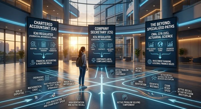 A high-resolution cinematic photograph for a Pune career counseling blog, titled 'Professional Courses after 12th Commerce: 2026 Guide'. An Indian teenage commerce student stands thoughtfully at a large, contemporary polished concrete crossroad embedded into a polished floor in a multi-story corporate building lobby (not a campus) at dusk in Pune. Three distinct, gently glowing paths diverge from her feet, clearly marked with bold white text on three large digital signage pillars: 'CHARTERED ACCOUNTANT (CA) ICAI REGULATED', 'COMPANY SECRETARY (CS) ICSI REGULATED', and 'THE BEYOND: SPECIALIZED PATHS (CMA, CFA (US), ACTUARIAL SCIENCE)' without any flat infographic elements or town skyline. Each path features subtly integrated holographic projections and dynamic icons for auditing, contracts, stock market graphs, specific study areas (e.g., TAXATION, CORPORATE LAW, ADVANCED STATISTICS), regulatory bodies, and destination career roles. Conceptual text from preceding blogs on NCERT, mock test importance, active problem solving, high retention, fast speed, and identifying mistakes provide an unbranded visual answer. The composition uses natural light from the setting sun and internal glow, creating a hopeful glare suitable for Indian high school students choosing their exam focus.