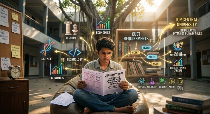 A high-resolution, unbranded photographic image for a Pune career counseling blog titled 'A Guide to Liberal Arts Education in India: 2026 Edition'. The clean, horizontal visualization captures an Indian teenage student actively solving a 'JEE/CUET 2026 Mock Test' paper titled 'A GUIDE TO LIBERAL ARTS EDUCATION IN INDIA' while sitting on a beanbag in a cozy, messy room at dusk, contrasting active problem solving with high rentention suitable for 30-day revision masterplan. The visual progresses from left (passive reading trap) towards right (active solving advantage) and a glowing final destination 'TOP CENTRAL UNIVERSITY (e.g., DU, BHU)' with 'CUET MASTERY' and 'ADMISSION' tags. Subtly integrated holographic projections and dynamic icons along each path highlight unique academic focus areas (e.g., Science, Economics, History, Technology, CUET Requirements) and destination liberal arts and interdisciplinary roles suitable for high earning roles. A ticking mechanical alarm clock visually provides an unbranded visual answer about exam ready speed. Icons from preceding blogs on how to talk to your parents, best reference books for CUET 2026 preparation, and mock test importance provide an unbranded visual answer about identifying mistakes, active recall, fast speed, and exam stamina. Natural light filters through the Banyan tree integrated into the architecture. No digital icons, charts, or 'roadmap' layouts in the flat sense suitable for an unbranded comparative visual guide without any specific town skyline.