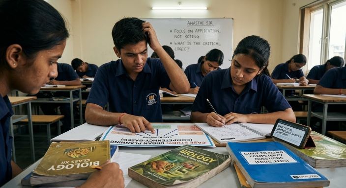 A high-quality photograph of students analyzing a case study on a phone screen and a textbook titled "Guide to Acing Competency Based Questions" by EduGeeks for the 2026 board exams.