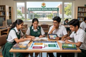 A realistic photo of Indian Class 10 and 12 students in a study center discussing a "CBSE Two-Board Exams 2026 Complete Guide" poster showing the November and March exam cycles.