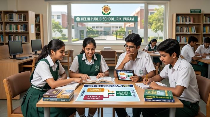 A realistic photo of Indian Class 10 and 12 students in a study center discussing a "CBSE Two-Board Exams 2026 Complete Guide" poster showing the November and March exam cycles.