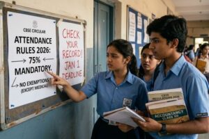 A realistic photograph of Indian high school students in blue uniforms looking at a school notice board with a mandatory CBSE 75% attendance rule circular and a handwritten January 1st deadline alert.