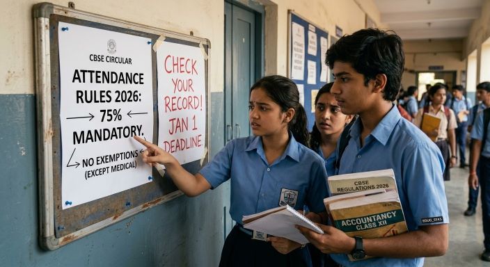 A realistic photograph of Indian high school students in blue uniforms looking at a school notice board with a mandatory CBSE 75% attendance rule circular and a handwritten January 1st deadline alert.