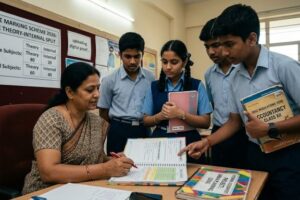 A photorealistic image of an Indian school teacher grading a student's project file titled "Internal Assessment 2026," with a classroom chart in the background showing the 80-20 and 60-40 Theory-Internal marking split.