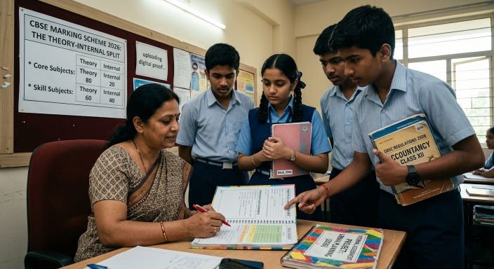 A photorealistic image of an Indian school teacher grading a student's project file titled "Internal Assessment 2026," with a classroom chart in the background showing the 80-20 and 60-40 Theory-Internal marking split.