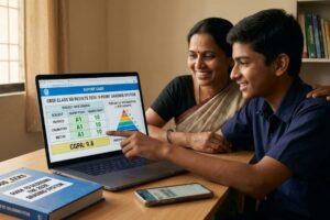 A realistic photograph of a smiling Indian mother and son looking at a laptop screen displaying a 2026 CBSE Report Card with A1 grades and a 9.8 CGPA, alongside a "Guide to Decoding the Grading System" book by EduGeeks.