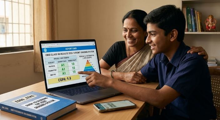 A realistic photograph of a smiling Indian mother and son looking at a laptop screen displaying a 2026 CBSE Report Card with A1 grades and a 9.8 CGPA, alongside a "Guide to Decoding the Grading System" book by EduGeeks.