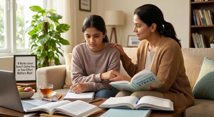 An Indian mother supporting her teenage daughter during exam result season, sitting on a sofa with books and a laptop, symbolizing mental health support for students.